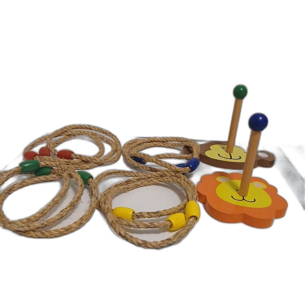 Wood Animal Ring Toss Lion Monkey 3 Hoops Of Each Color (12 Total)